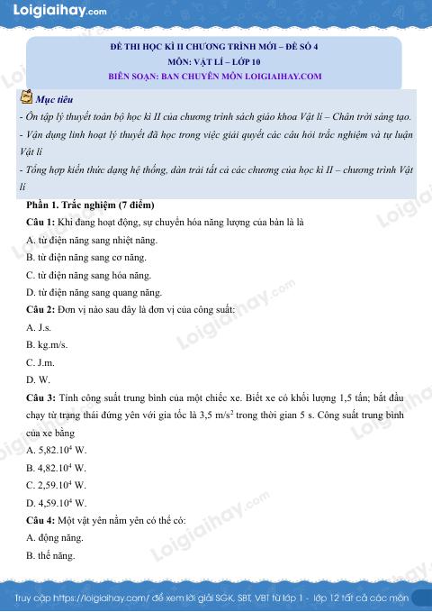 Đề thi học kì 2 Vật lí 10 Chân trời sáng tạo - Đề số 4